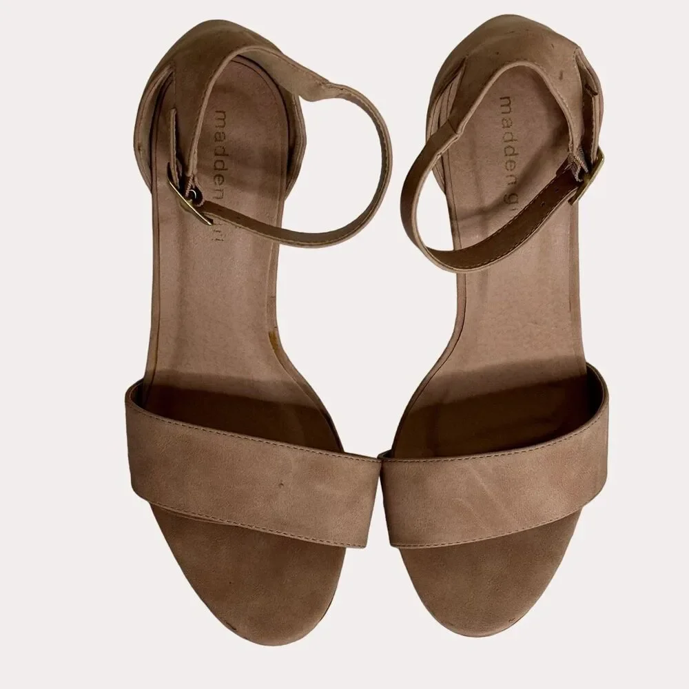Madden Girl Faux Leather Wedge Heel Sandals Shoes Tan 10